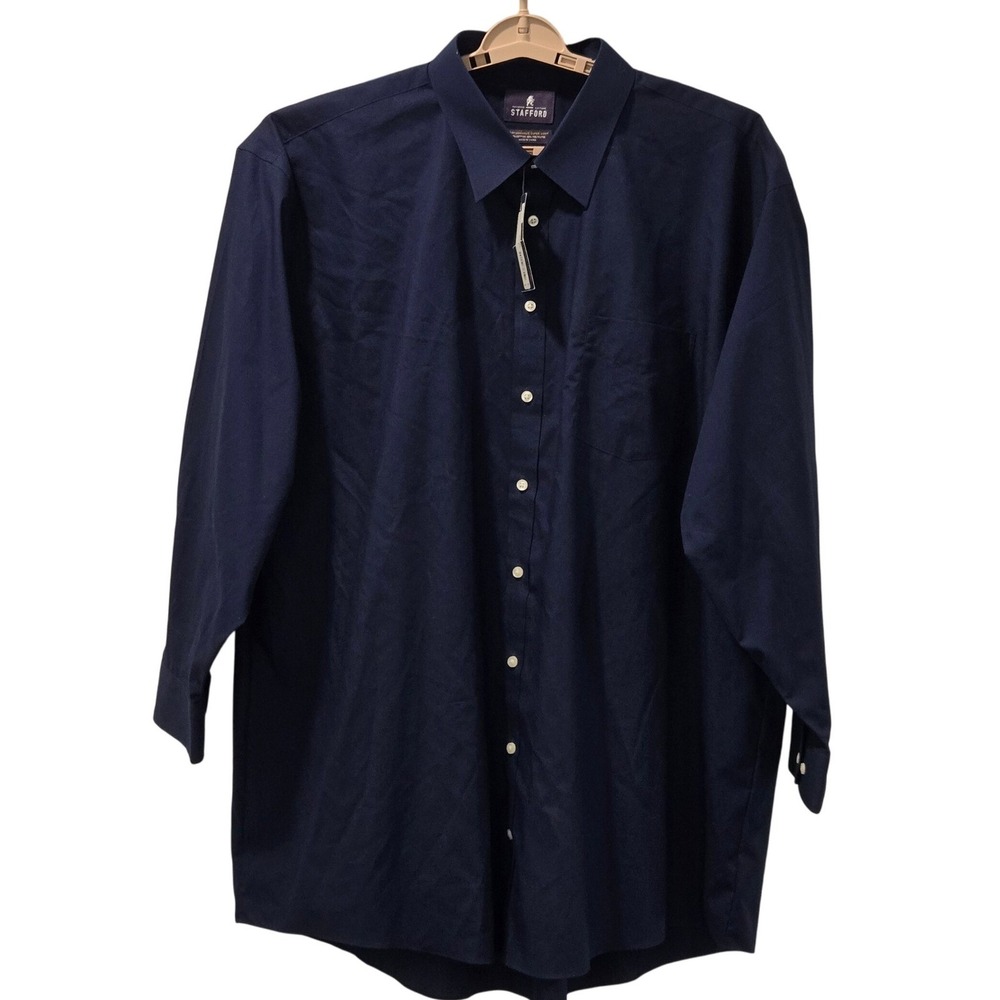 NEW Stafford Mens Wrinkle Free Poplin Navy Button Up‎ Long Sleeve Shirt 19 34-35